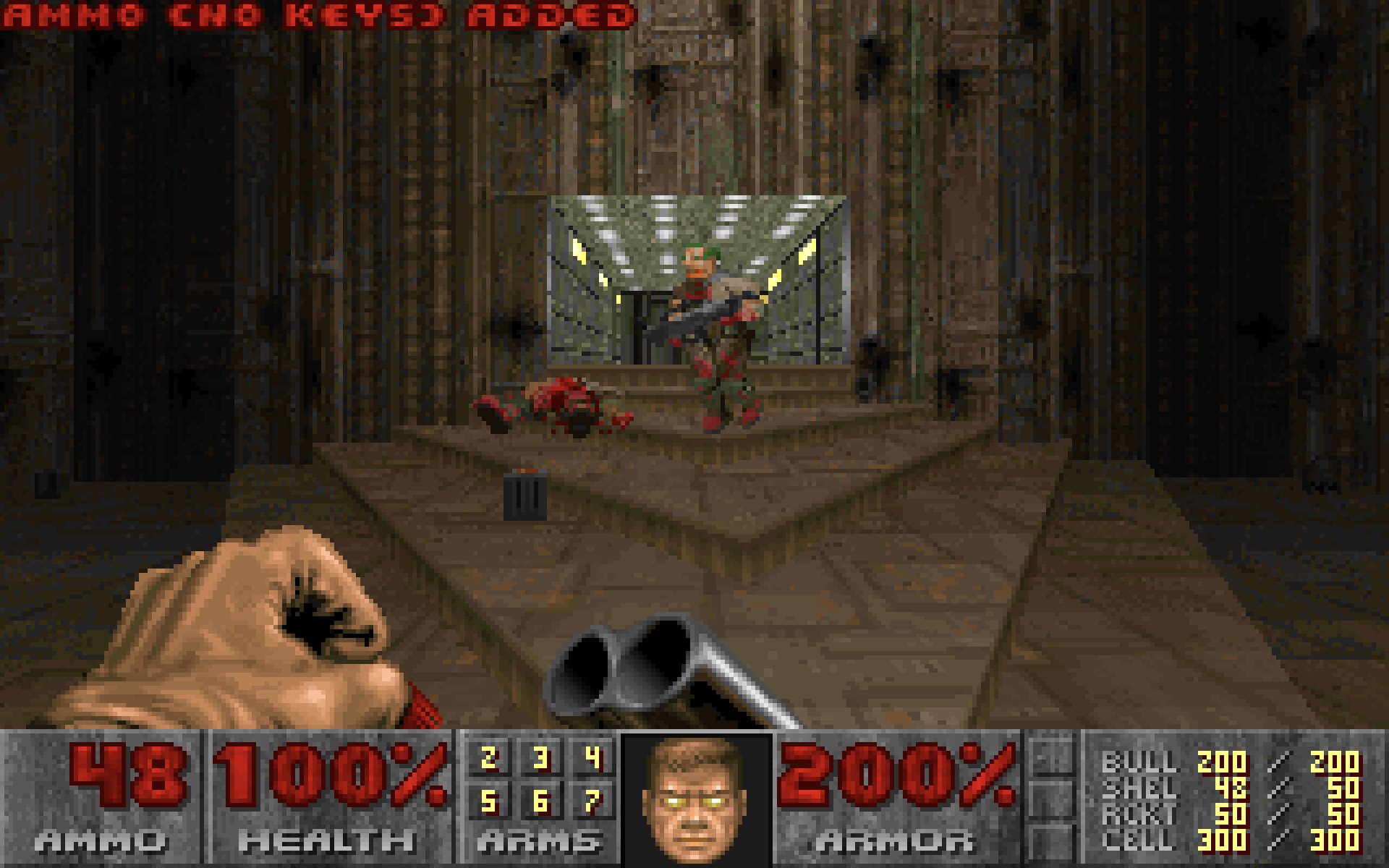 DOOM gameplay with AMMO (NO KEYS) ADDED at the top and Doomguy's glowing golden eyes in the original Status Bar.