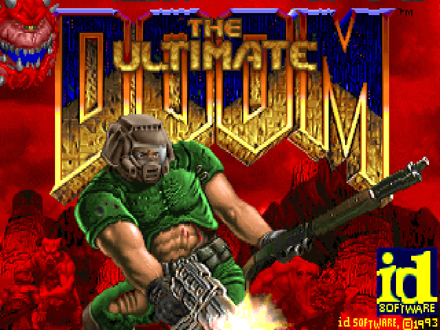 The Ultimate DOOM title image melts downward in uneven columns to reveal E1M1 and its Status Bar.
