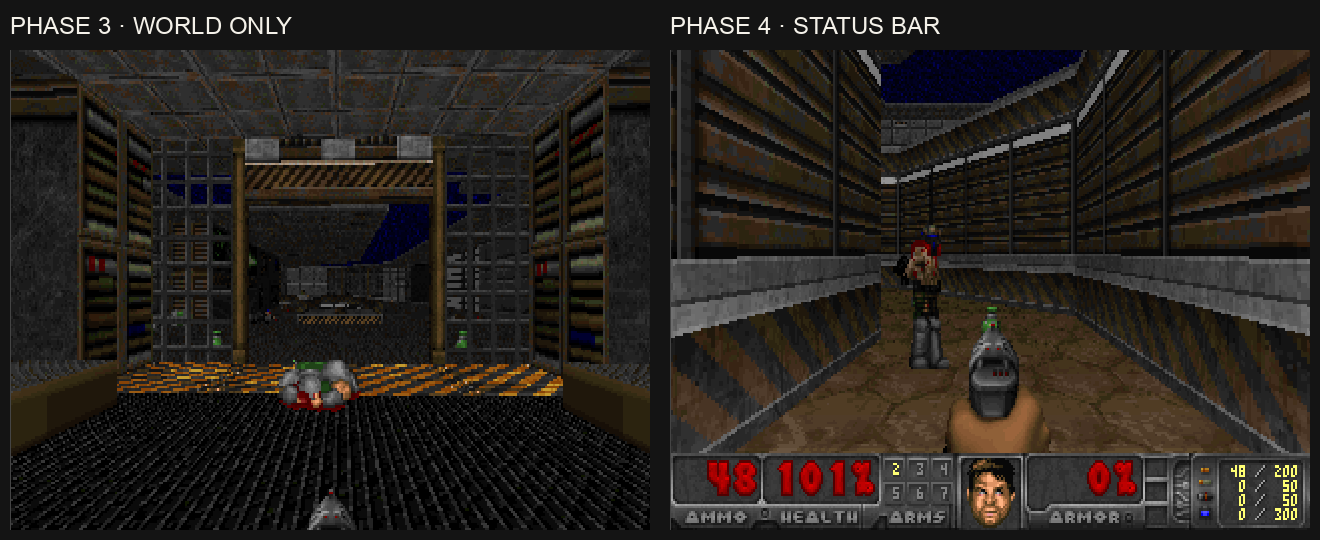 Earlier Freedoom world-only output beside a later EVM frame with ammunition, health, armor and the face in the Status Bar.