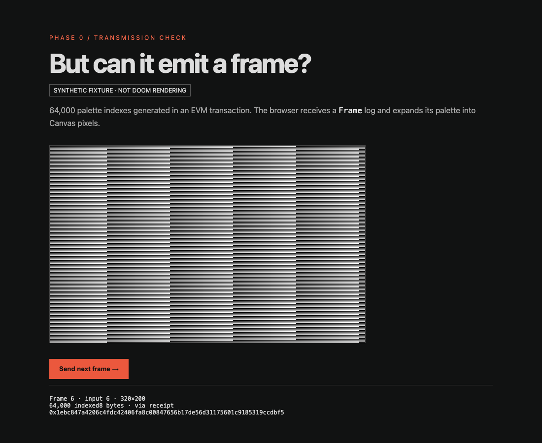 The Phase 0 browser displays a striped synthetic framebuffer labeled Not DOOM rendering.